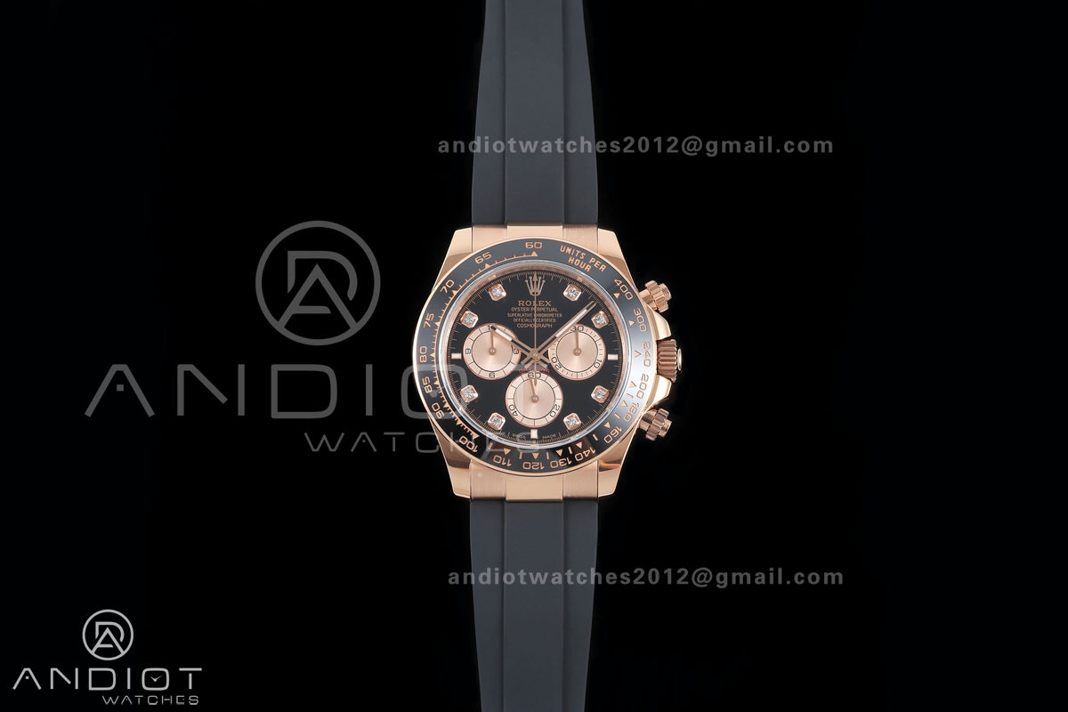 Daytona 126515 QF 1:1 Best Edition Black/RG Diamonds Dial on Oysterflex Strap JH4131 V18 Weighted (Free Sprung)